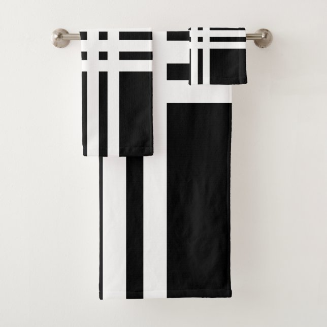 Modern Abstract Cross White Lines on Black Bath Towel Set (Insitu)