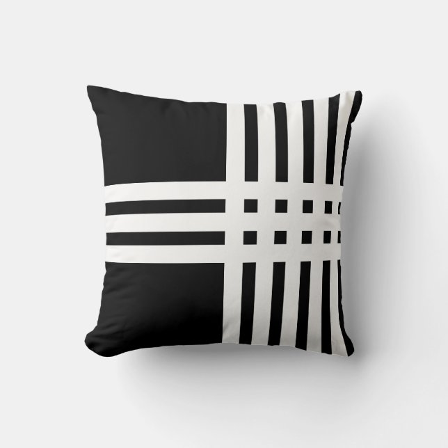 Modern Abstract Cross White Lines on Black Cushion (Front)