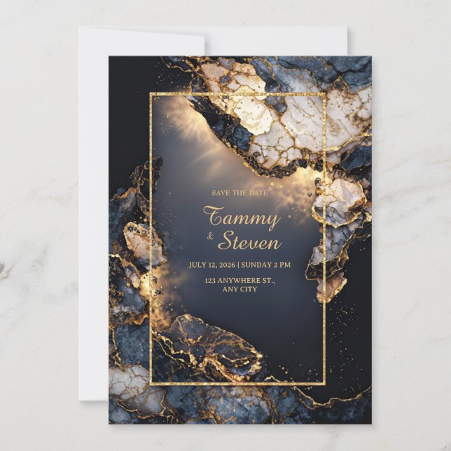 Modern Abstract Dark Navy Gilded Geode Wedding Invitation (Front)