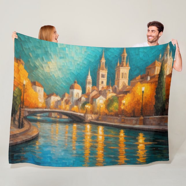 Modern Abstract Design Gold Orange Blue European  Fleece Blanket (In Situ)