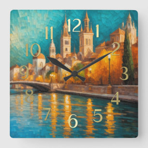 Modern Abstract Design Gold Orange Blue European Square Wall Clock