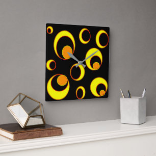 Modern abstract design, yellow circles on black  square wall clock