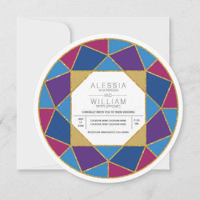 Modern abstract diamond jewel tones wedding invitation (Front)