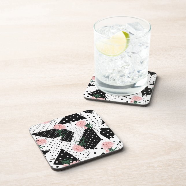 Modern Abstract  Dots and Pink Flowers Coaster (Right Side)