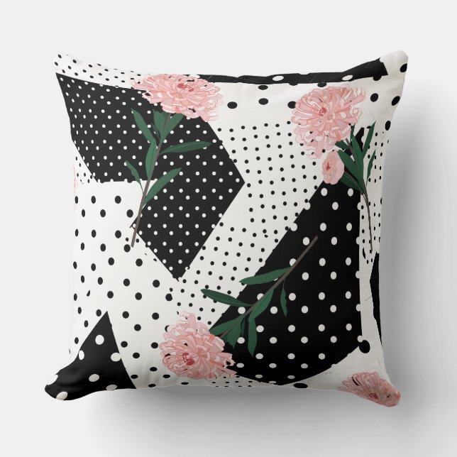 Modern Abstract  Dots and Pink Flowers Cushion (Front)
