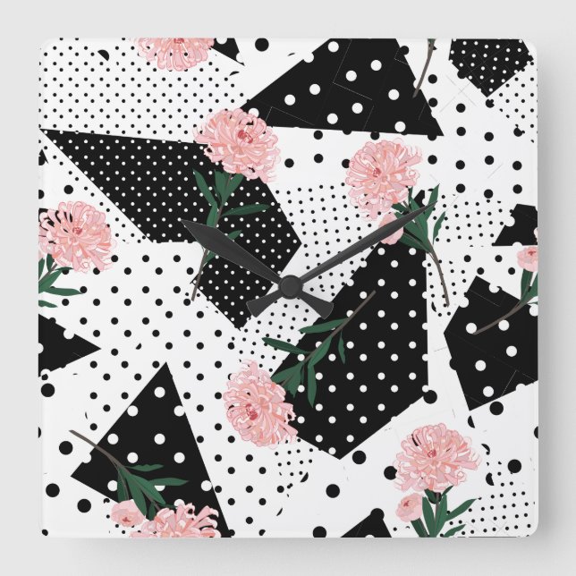 Modern Abstract  Dots and Pink Flowers Square Wall Clock (Front)