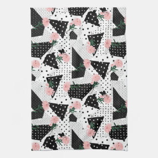 Modern Abstract Dots and Pink Flowers Tea Towel