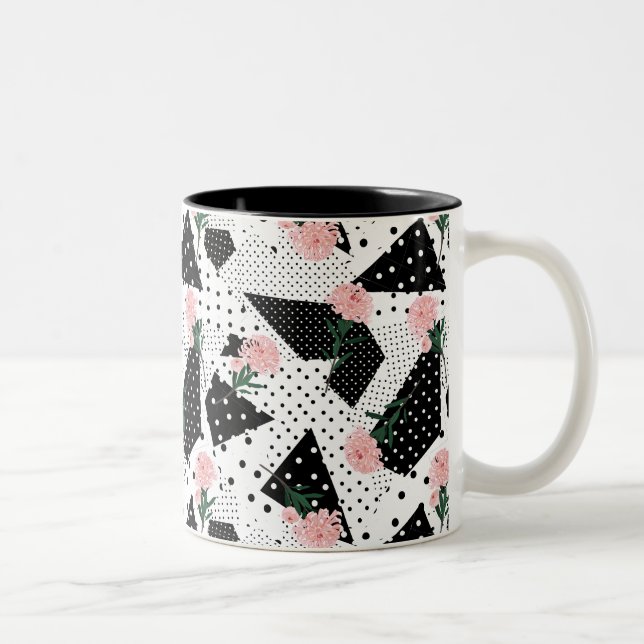 Modern Abstract  Dots and Pink Flowers Two-Tone Coffee Mug (Right)