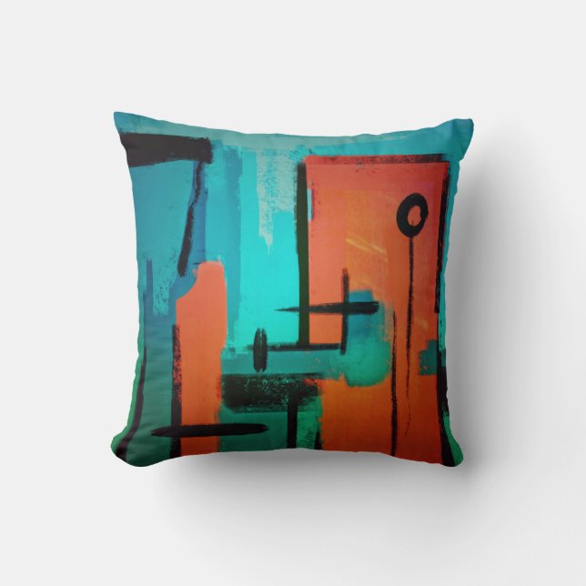 Modern Abstract Dynamic Orange Green Blue Black Cushion (Front)