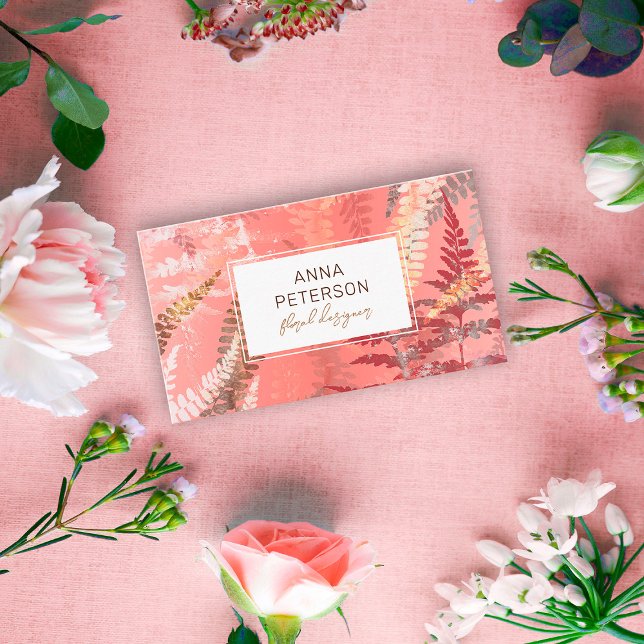 Modern Abstract Elegant Coral Pink Fern Foliage Business Card (Creator Uploaded)