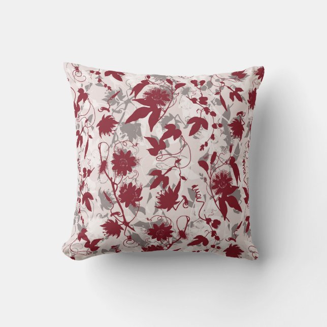 Modern Abstract Elegant Grey Burgundy Floral  Cushion (Front)