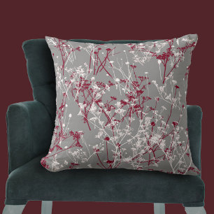 Modern Abstract Elegant Wildflowers Grey Burgundy Cushion