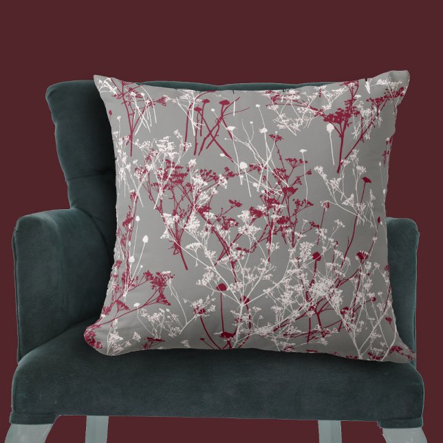 Modern Abstract Elegant Wildflowers Grey Burgundy Cushion (Creator Uploaded)