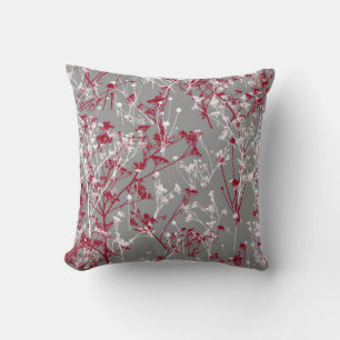 Modern Abstract Elegant Wildflowers Grey Burgundy  Cushion