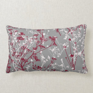 Modern Abstract Elegant Wildflowers Grey Burgundy Lumbar Cushion