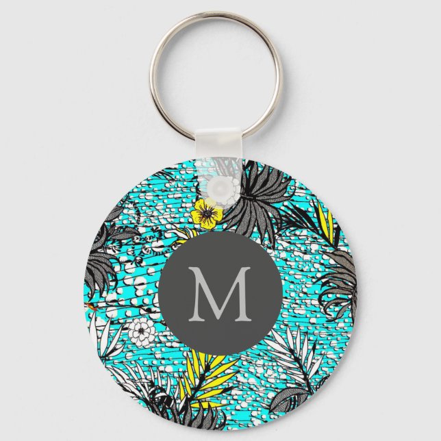 Modern Abstract Exotic Floral Art Monogram Key Ring (Back)
