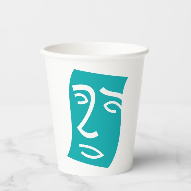 Modern Abstract Face Line Art Teal Paper Cups (Front)