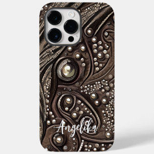 Modern Abstract Faux Leather Style Custom Name Case-Mate iPhone 14 Pro Max Case