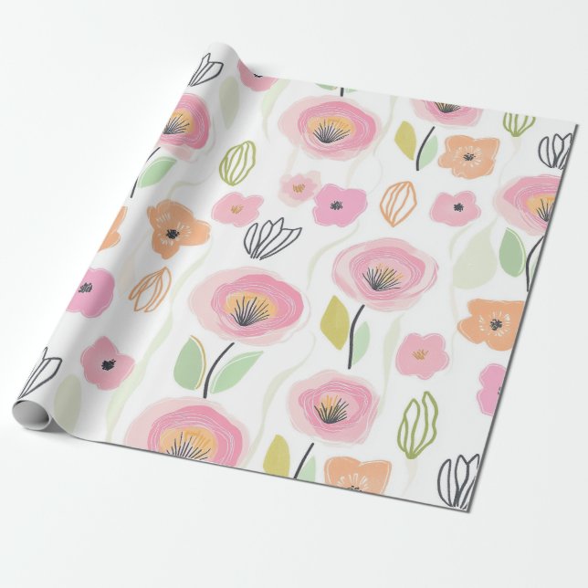 Modern Abstract Floral Line Pattern (2) Wrapping Paper (Unrolled)