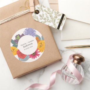 Modern Abstract Floral Wedding Couple Names Classic Round Sticker