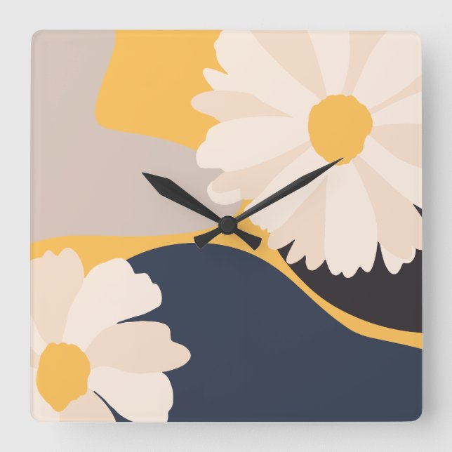 Modern Abstract Floral Yellow Square Wall Clock (Front)