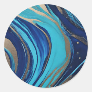 Modern Abstract Flow Art-Blue and Gold- Classic Round Sticker