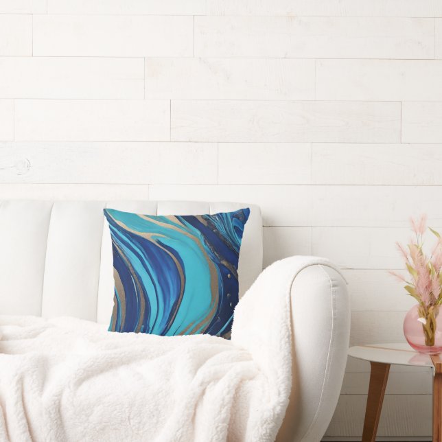 Modern Abstract-Flow Art-Blue and Gold- Cushion (Couch)
