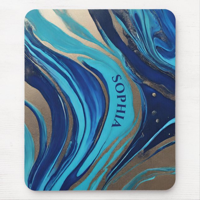 Modern Abstract Flow Art- Blue and Gold- Mouse Pad (Front)