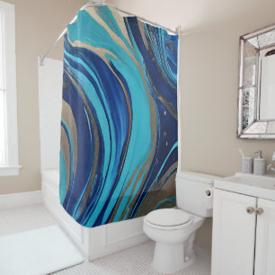 Modern Abstract Flow Art- Blue and Gold- Shower Curtain