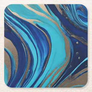 Modern Abstract Flow Art-Blue and Gold- Square Paper Coaster