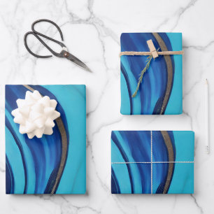 Modern Abstract Flow Art- Blue and Gold Wrapping Paper Sheet