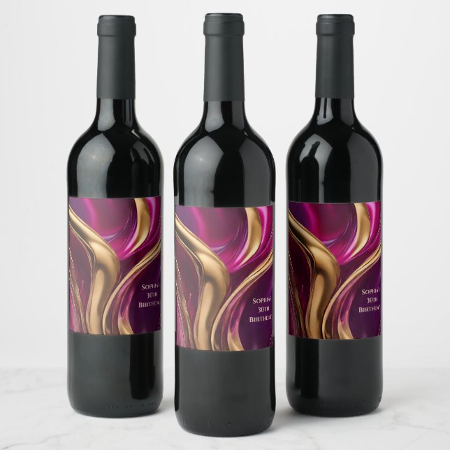 Modern Abstract Flow Art- Fuchsia Purple and Gold- Wine Label (Bottles)