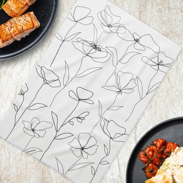 Modern Abstract Flower Black White Minimal Floral Tea Towel (In situ Kitchen Table)