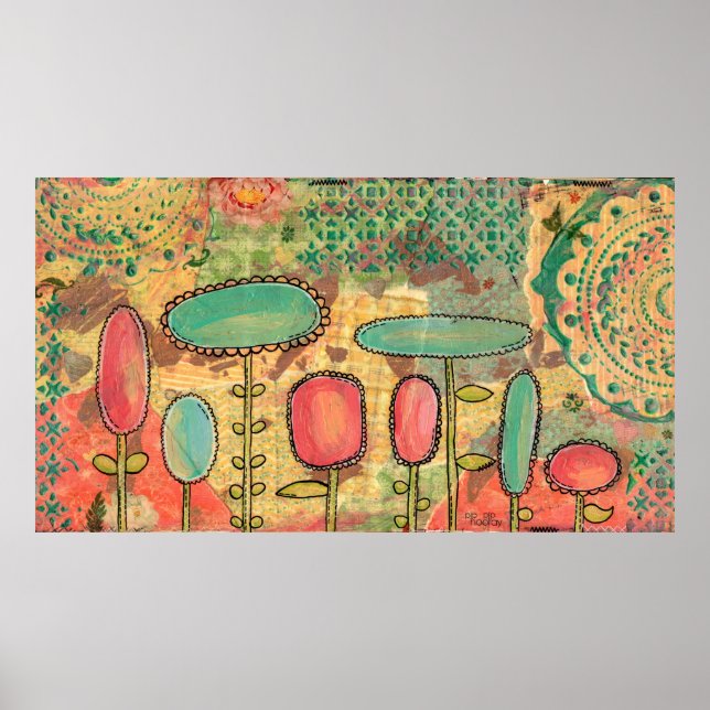 Modern Abstract Flowers Mixed Media Painting Art Poster (Front)