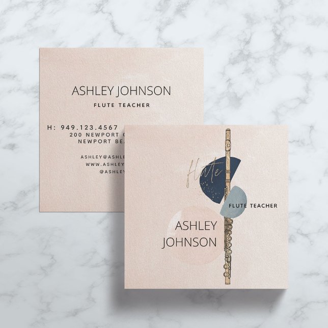 Modern Abstract Flute Teacher Blush & Navy Square Business Card (Creator Uploaded)