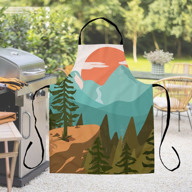 Modern Abstract Forest, Mountains, and Sunrise Apron (In situ)