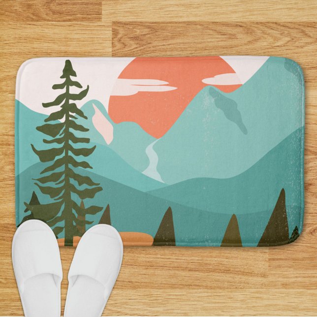Modern Abstract Forest, Mountains, and Sunrise Bath Mat (In situ)