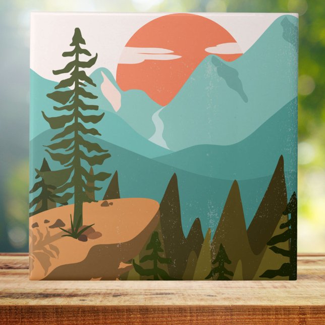 Modern Abstract Forest, Mountains, and Sunrise Ceramic Tile (Close up)