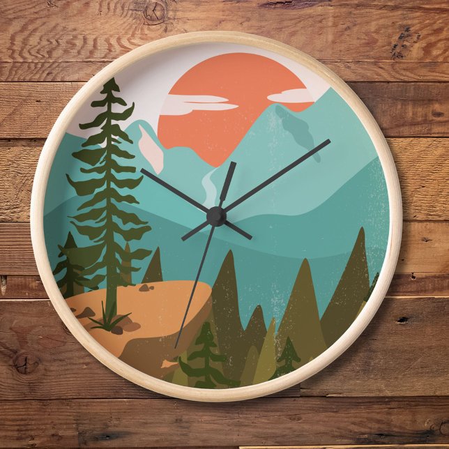 Modern Abstract Forest, Mountains, and Sunrise Clock (In situ wall)