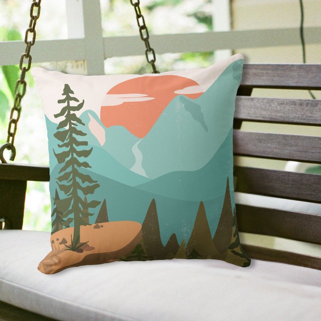 Modern Abstract Forest, Mountains, and Sunrise Cushion (In situ)