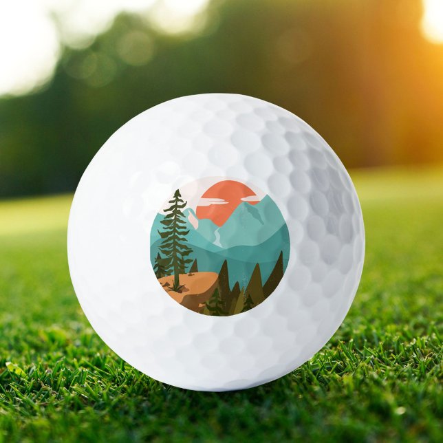 Modern Abstract Forest, Mountains, and Sunrise Golf Balls (In situ)