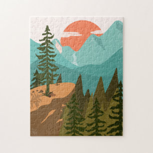 Modern Abstract Forest, Mountains, and Sunrise Jigsaw Puzzle