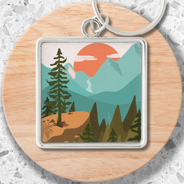 Modern Abstract Forest, Mountains, and Sunrise Key Ring (Close up)