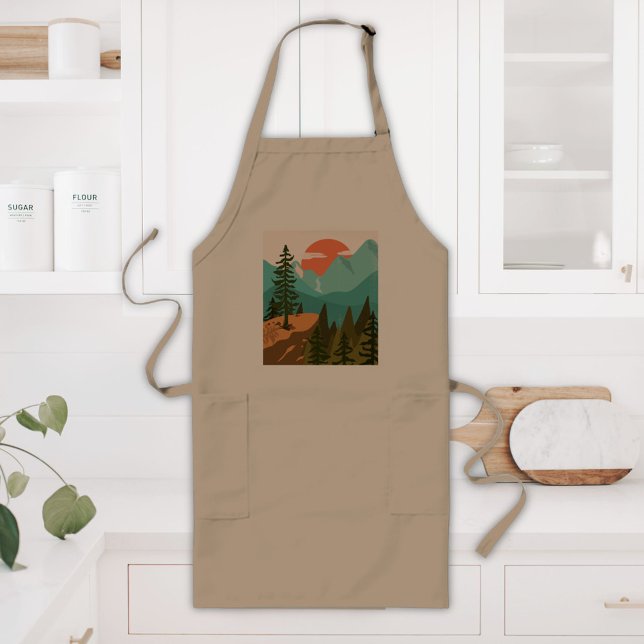 Modern Abstract Forest, Mountains, and Sunrise Long Apron (In situ)