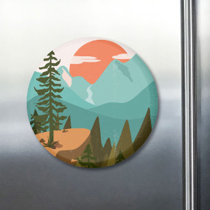 Modern Abstract Forest, Mountains, and Sunrise Magnet