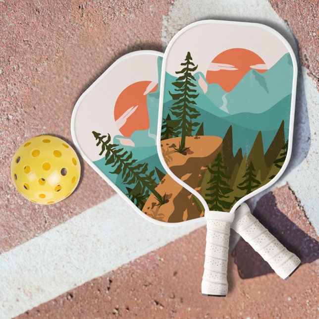 Modern Abstract Forest, Mountains, and Sunrise Pickleball Paddle (In situ)