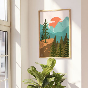 Modern Abstract Forest, Mountains, and Sunrise Poster