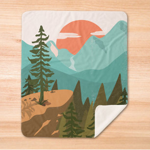 Modern Abstract Forest, Mountains, and Sunrise Sherpa Blanket