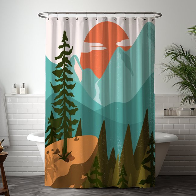 Modern Abstract Forest, Mountains, and Sunrise Shower Curtain (In situ bathroom)