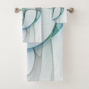 Modern Abstract Fractal Art Blue Turquoise Grey Bath Towel Set
